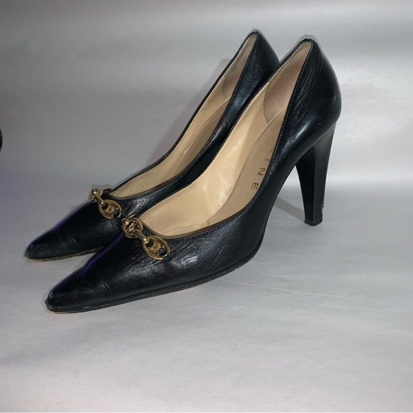 CÉLINE size 36B black calfskin leather PUMPS w/14k gold plated Macadam CHAINLINK - Picture 9 of 12